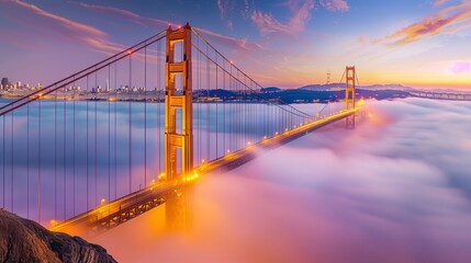 Bridge in twilight fog and city lights creates a breathtaking, magical scene.