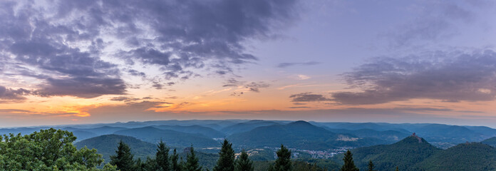 Panorama of Palatinate Forest during Sunset with Trifels Castle seen from Rehbergturm,...