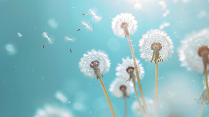 Airy dandelions glow in the sun on background blue sky