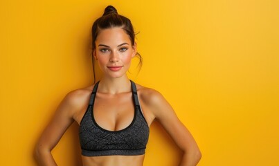 Close up fitness woman. Solid yellow studio background