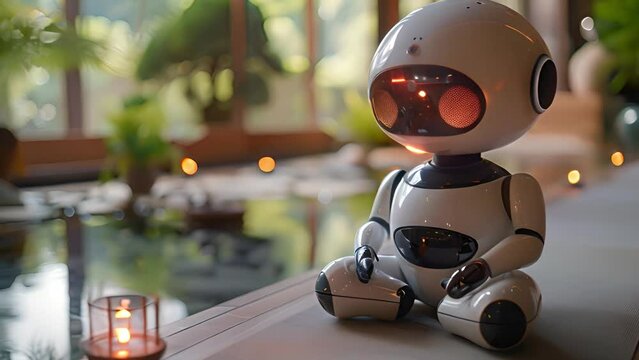 A small white robot sits next to a burning candle, casting a soft glow in a dimly lit room.