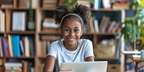 Smiling African American teen girl elearning at home watching webinar on laptop. Concept Education