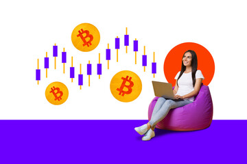 Composite artwork collage image of girl sit bag use laptop think bitcoin graphic candles isolated...
