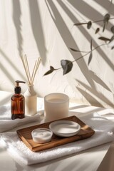 Fototapeta premium Serene Home Spa Atmosphere with Scented Candle and Aromatherapy