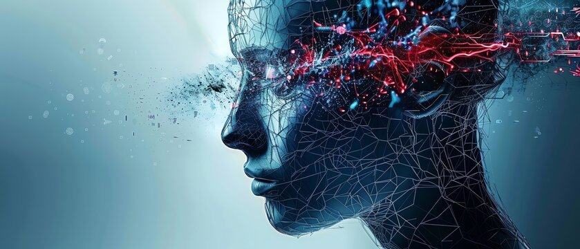 Capture a high-angle view of a mystical creature entwined with futuristic artificial intelligence elements Show their harmonious merge with a surreal touch of unexpected camera ang