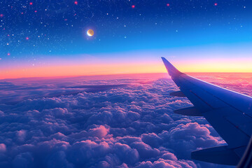 view from airplane window, blue sky with moon and stars above the clouds at night, airplane wing on right side of frame, colorful sunset in background, photo realistic  - Powered by Adobe