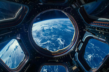 View from ISS station Blue planets in deep space 
