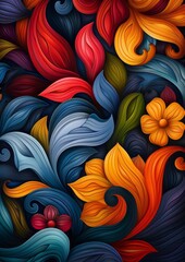 Vibrant abstract floral illustration with colorful, swirling petals and leaves. Rich red, blue, orange hues create a dynamic and artistic design.