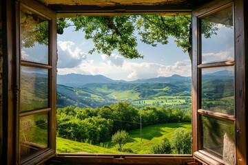 Fototapeta premium View from the window of the beautiful green landscape 