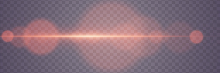 Red explosion of glare. Magic neon light, horizontal beam. On a transparent background.