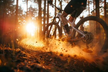 Obraz premium A cyclist riding their mountain bike on an offroad trail in the forest