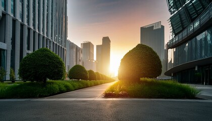 Calm sunrise ambiance on immaculate streets, framed by modern architecture and neatly trimmed...