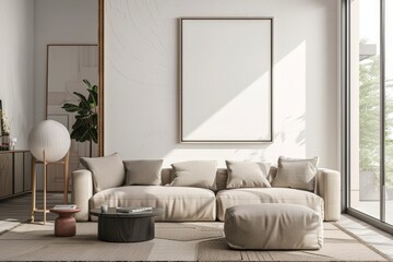 Minimalist living room with blank frame on the wall for your background business, poster, wallpaper, banner, backdrop, greeting cards, and advertising for business entities or brands.