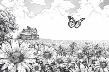 Coloring pages of flowers in the field with little house background