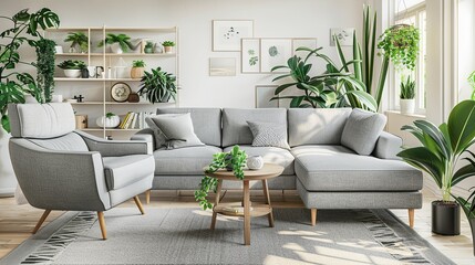 Modern scandinavian interior of living room with design grey sofa, armchair, a lot . Generative Ai