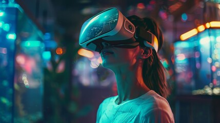 Obraz premium Person enjoying a VR experience in a futuristic, space-based aquarium. Upper body shot with a smile, highlighting the wonder and excitement.