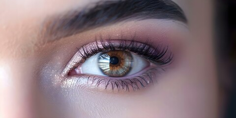 Obraz premium Macro shot of attractive Asian womans brown eyes with lifted eyelashes. Concept Macro Photography, Beauty Portrait, Asian Model, Eyelash Enhancement, Detailed Shots