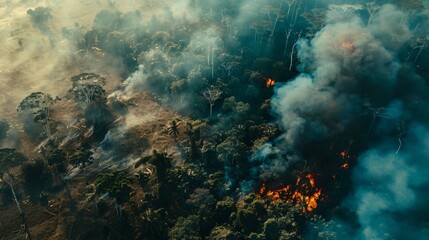 Flames and smoke billow into the sky from a raging wildfire in the Amazon rainforest.

