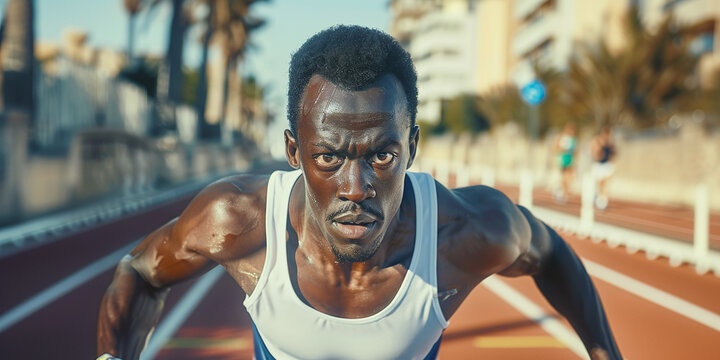 A black relay runner passes the baton at the marathon starting line. Conceptual sport, running