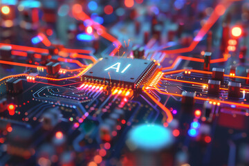 Chip with "AI" text in the middle of micro electronic circuit board.