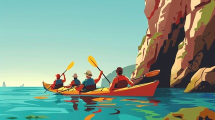 A Group Of People Kayaking Near The Shore, Exploring The Coastline, Cartoon ,Flat color