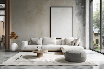 Modern minimalist living room featuring clean-lined furniture for your background business, poster, wallpaper, banner, backdrop, greeting cards, and advertising for business entities or brands.
