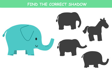 Find the correct shadow of the cute illustration of elephant. Educational logic game for children. Printable worksheet.	