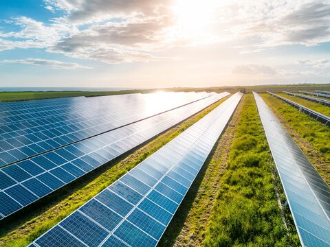 Solar panel rows aerial view. Photovoltaic panels farm from the sky, diagonal rows for renewable solar energy. Reducing carbon footprint concept, clean green energy for the future. Drone view