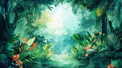 Lush green tropical forest with dense foliage, vibrant vegetation, and flowers, bathed in sunlight creating a mystical, serene atmosphere.