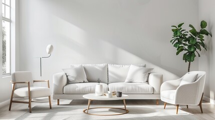 Modern white minimalist interior with sofa, armchair, coffee table in Scandinavian. Generative Ai
