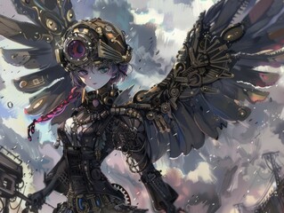 Majestic Steampunk Anime Character with Mechanical Wings Soaring Through the Skies