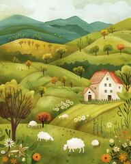 Naklejka premium A painting of a rural landscape with a white house and a few sheep grazing in the foreground. The scene is peaceful and serene, with the mountains in the background adding to the sense of tranquility