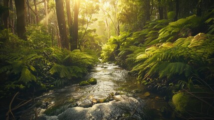 Obraz premium A stream of water flows through a lush green forest. The sunlight is shining through the trees, creating a peaceful and serene atmosphere