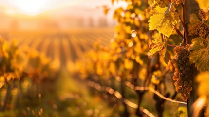 A vineyard with a bunch of grapes on a vine. The grapes are ripe and ready to be picked