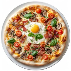 Pizza with Mushrooms, Bacon and Egg on White Plate Isolated, Italian Carbonara Pizza