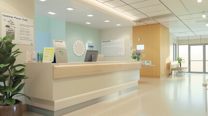 A hospital lobby with a reception desk and a potted plant