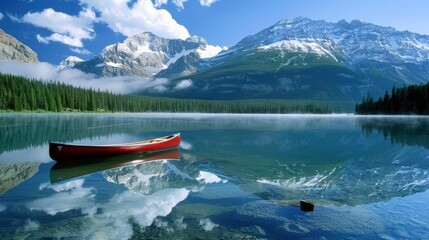 A red canoe sits in a lake surrounded by mountains. The scene is peaceful and serene, with the water reflecting the beauty of the mountains