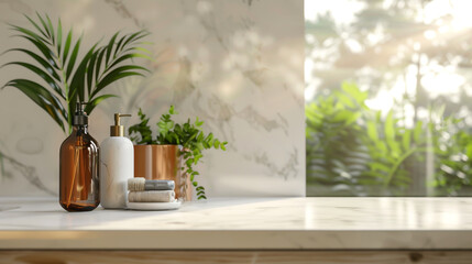 Close-up of modern bathroom counter featuring a soap bottle and plant