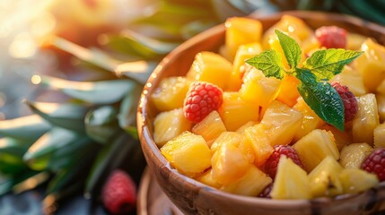 A bowl of fruit salad with raspberries and pineapple