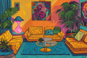 Vintage vector illustration of a 70s-inspired living room, adorned with bohemian decor, lava lamps, and psychedelic posters 