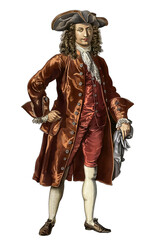 Obraz premium Elegant 18th-century European man in traditional costume with a tricorn hat, isolated on a transparent background, ideal for historical content and theatre promotions