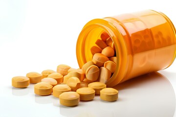 Pill bottle with pills spilling out.