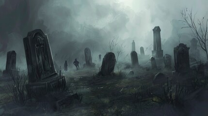 A graveyard with many gravestones and a cross. Scene is eerie and spooky