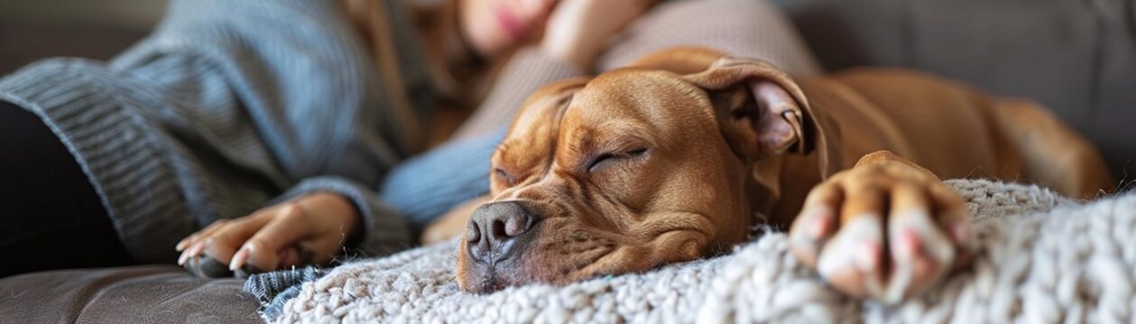 See a dog feeling comforted and secure as it snuggles up next to its owner on the couch