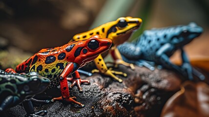 Fototapeta premium Rainforest Palette: A Gathering of Colorful Poison Dart Frogs in Their Habitat
