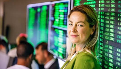 a close-up photography of a stock exchange stocks list displayed on an official screen, lot of light, lot of green text - Powered by Adobe