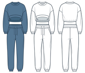 Set of Cropped Sweatshirt, Jogger Pants fashion flat technical drawing template. Sweatshirt, Sweat Pants technical fashion Illustration, front, back view, white, blue, women, men, unisex CAD mockup.