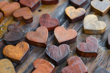 Naklejka premium Wooden hearts on a wooden base.