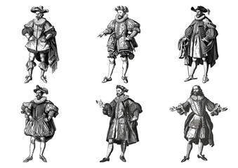 Vintage-style engravings of six European men in traditional Renaissance garb, isolated on a transparent background, ideal for historical presentations and costume design references