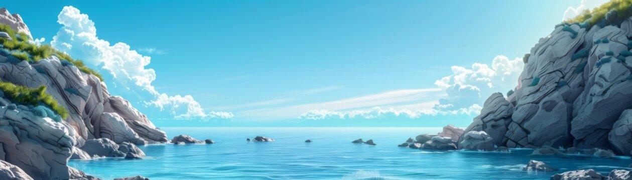Blue sea sky rocky cliffs flat design side view majestic coast theme water color colored pastel